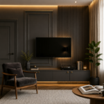 Charcoal-Grey Matte Finish Transitional TV Unit Design with Slatted Wall