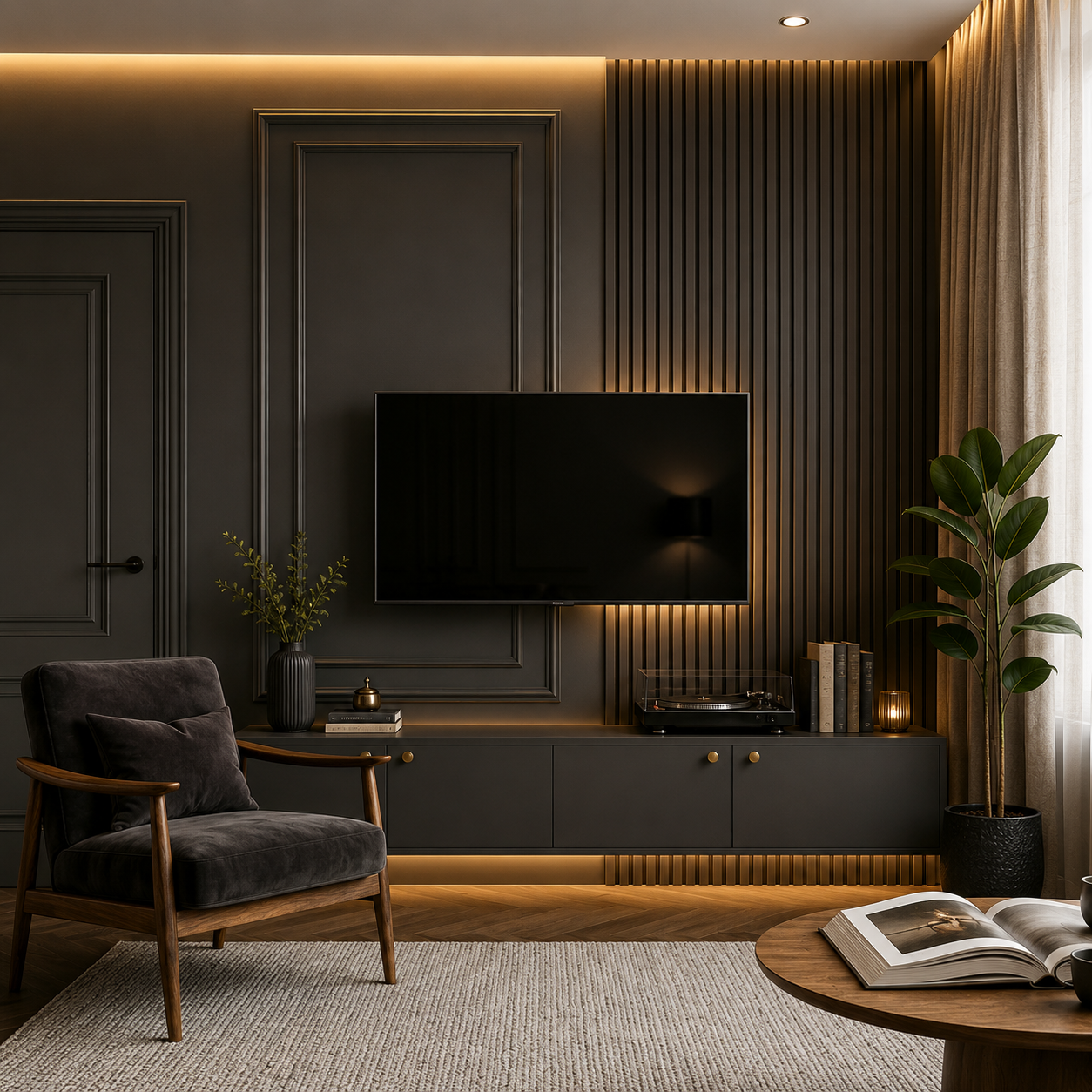 ChatGPT Image Aug 6, 2026, 01_38_37 PM Charcoal-Grey Matte Finish Transitional TV Unit Design with Slatted Wall - Image 1