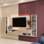 Beige and White Contemporary TV Unit Design with Vertical Panel Backdrop