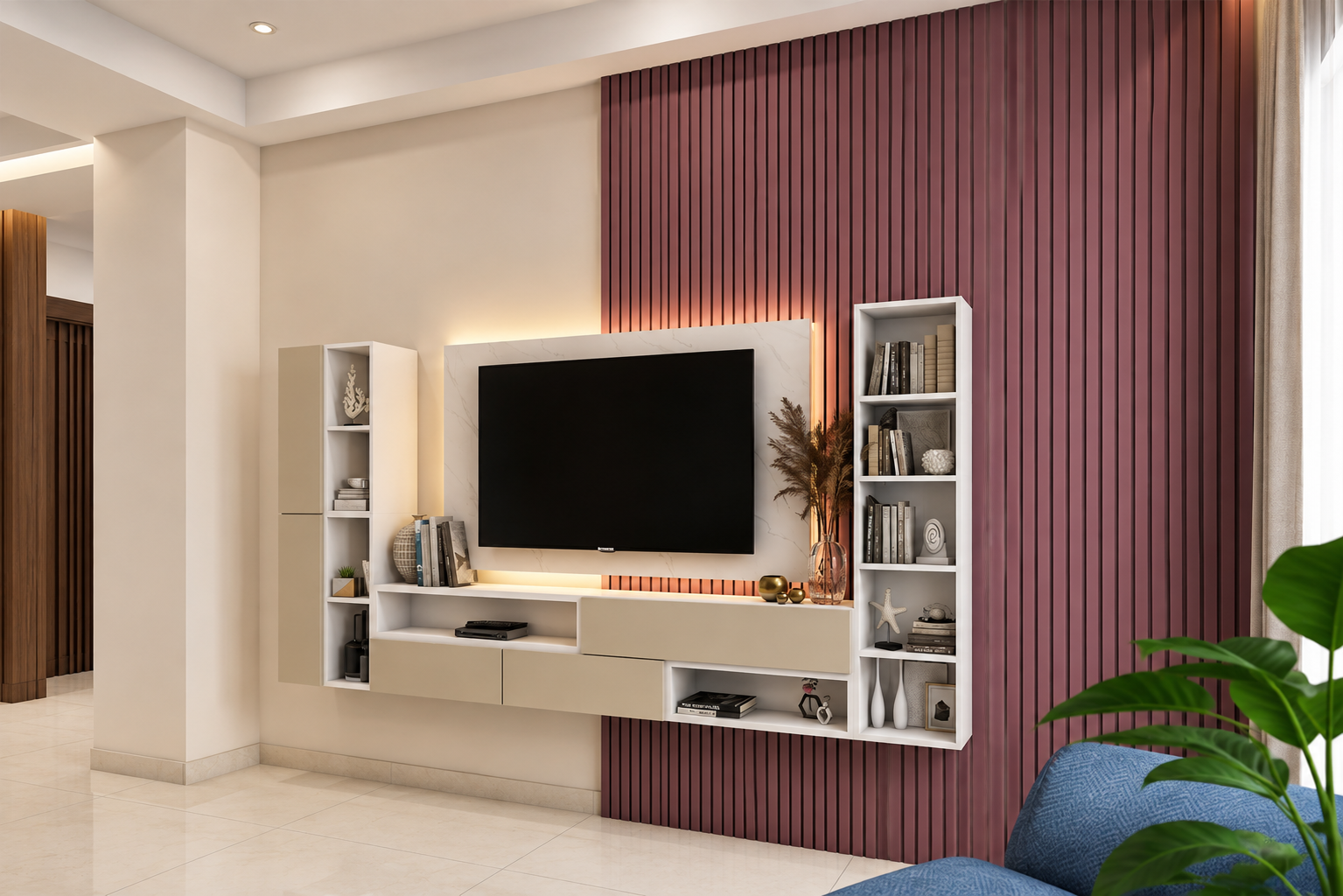 ChatGPT Image Aug 6, 2026, 01_41_46 PM Beige and White Contemporary TV Unit Design with Vertical Panel Backdrop - Image 1