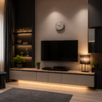 Modern Floating Grey and Walnut TV Unit Design with Symmetrical Layout and Hidden Drawers
