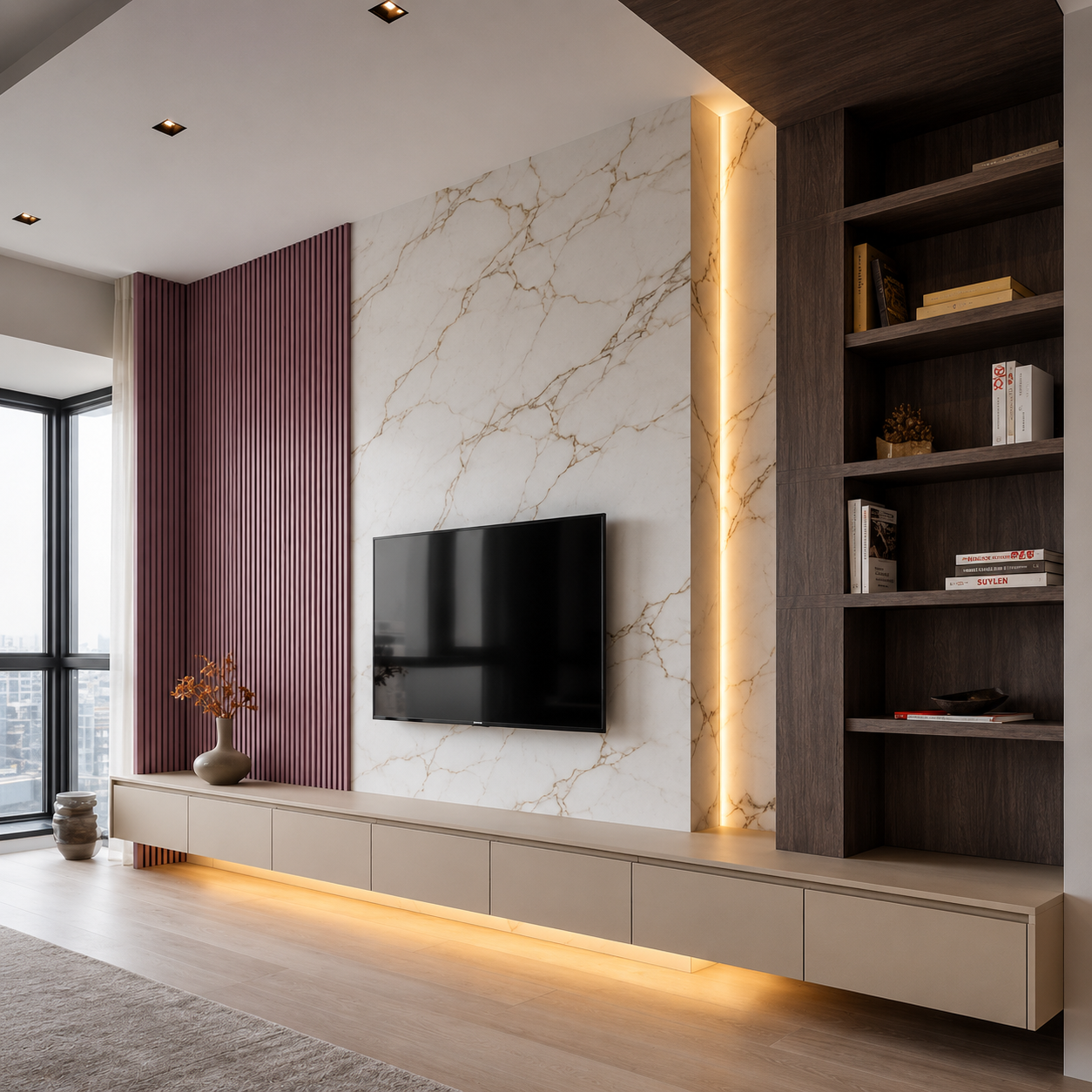 ChatGPT Image Aug 6, 2026, 01_46_52 PM Marble-Backed Acacia and Oak Modern TV Unit Design with Floating Storage and Lighting - Image 1