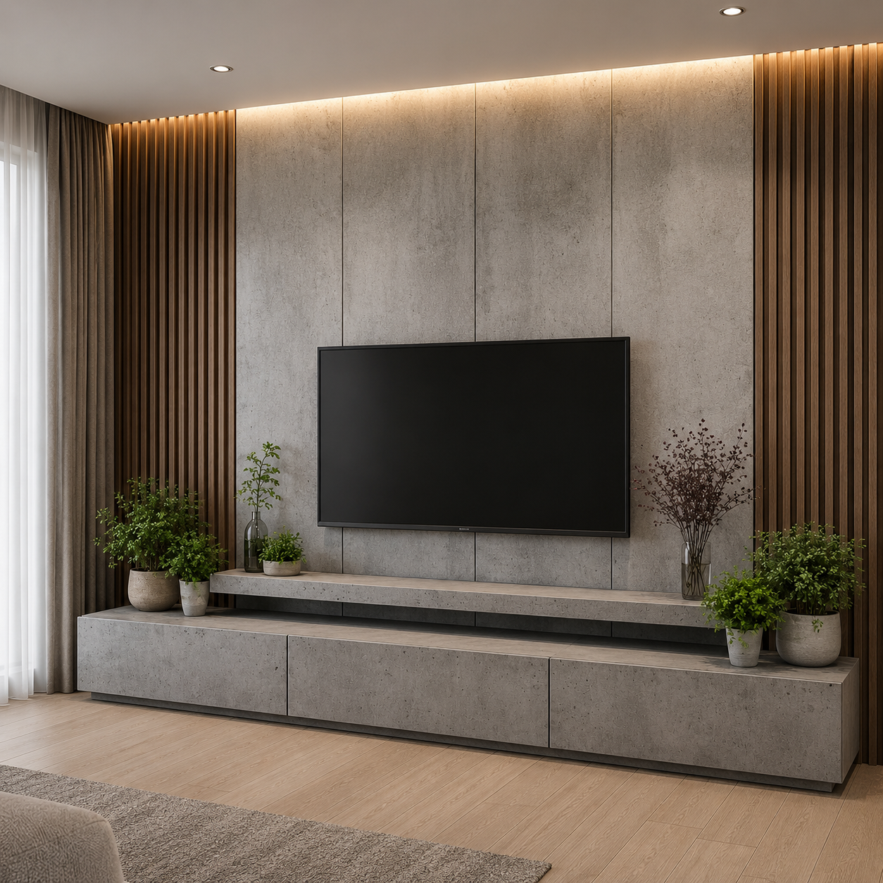 ChatGPT Image Aug 6, 2026, 01_51_03 PM Modern Grey TV Unit Design with Concrete Finish Drawers and Tall Vertical Slats - Image 1