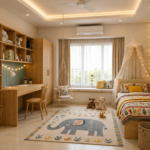Traditional Jungle Mural Kids Bedroom Design with Rattan Wardrobe and Canopy Bed