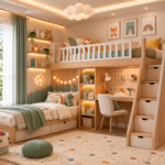 Kids Bedroom Design with Wooden Loft Bed and Study Desk