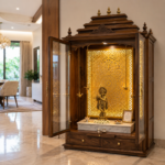 Modern Walnut Bronze Pooja Unit Layout Featuring a Laser-Cut Golden Jaali Backdrop
