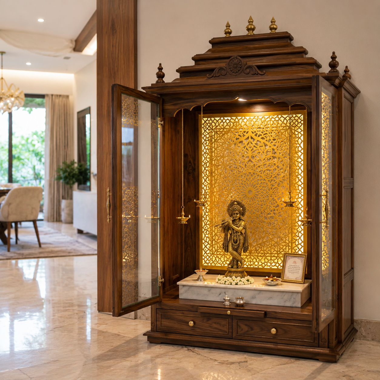 ChatGPT Image Aug 6, 2026, 11_49_02 AM Modern Walnut Bronze Pooja Unit Layout Featuring a Laser-Cut Golden Jaali Backdrop - Image 1
