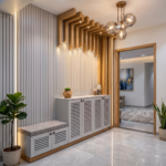 Foyer Design with Ceiling Rafters and Sputnik Brass Chandelier