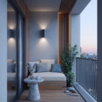 Contemporary Balcony Design Featuring a Wooden Seating Bench and Decorative Wall Lighting