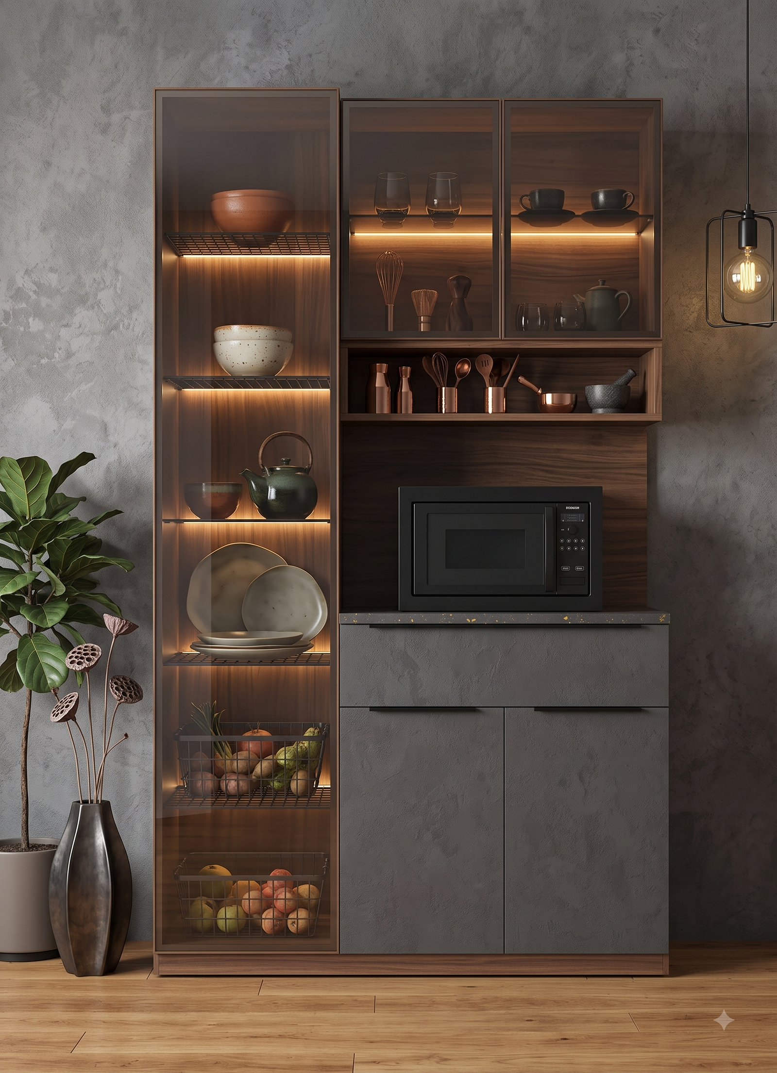 Gemini_Generated_Image_e4ssr5e4ssr5e4ss Inspired Teak and Matte Crockery Unit with Cultural Decor - Image 1