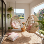 Balcony Design with Rattan Egg Chairs and Layered Plants