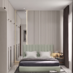 Guest Bedroom Design with Sage Green Bed and Wardrobe Storage