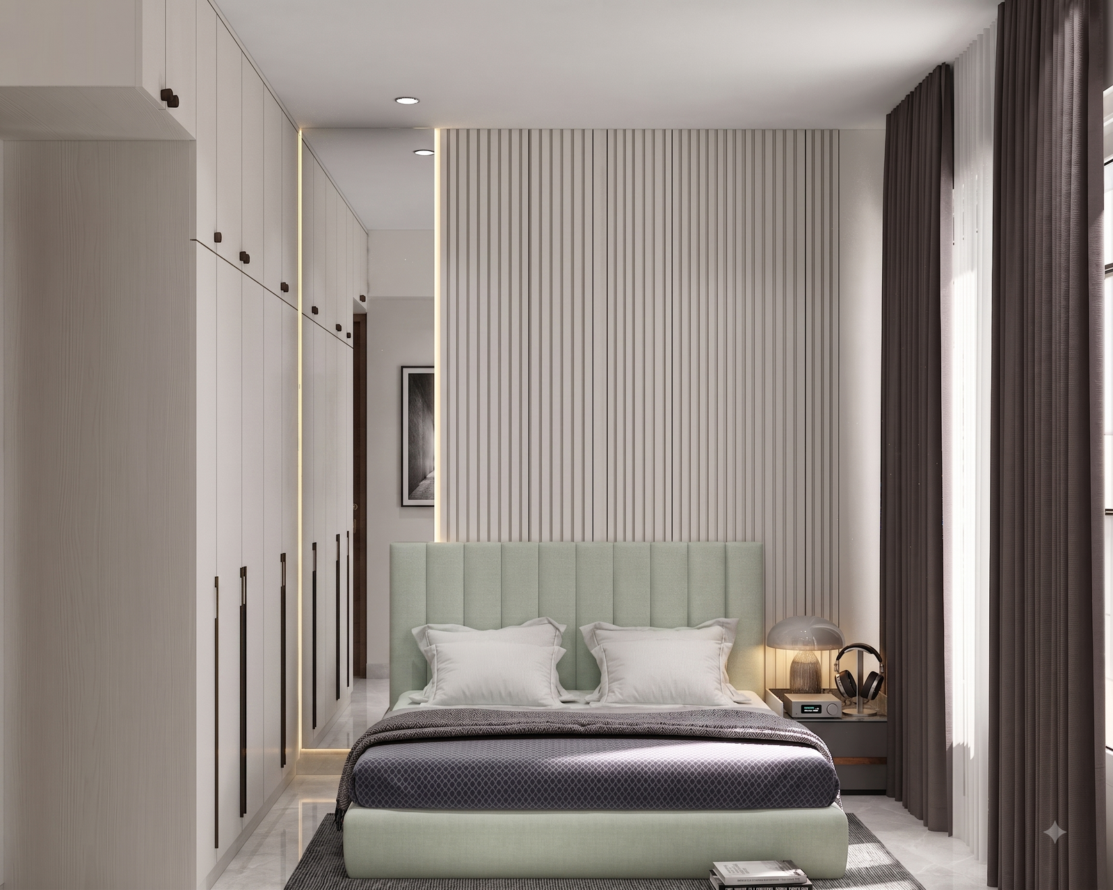 Gemini_Generated_Image_qcwjbqcwjbqcwjbq Guest Bedroom Design with Sage Green Bed and Wardrobe Storage - Image 1