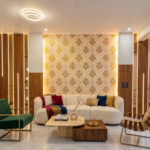 Modern Living Room Wall Design with Wall Louvers and Wallpaper